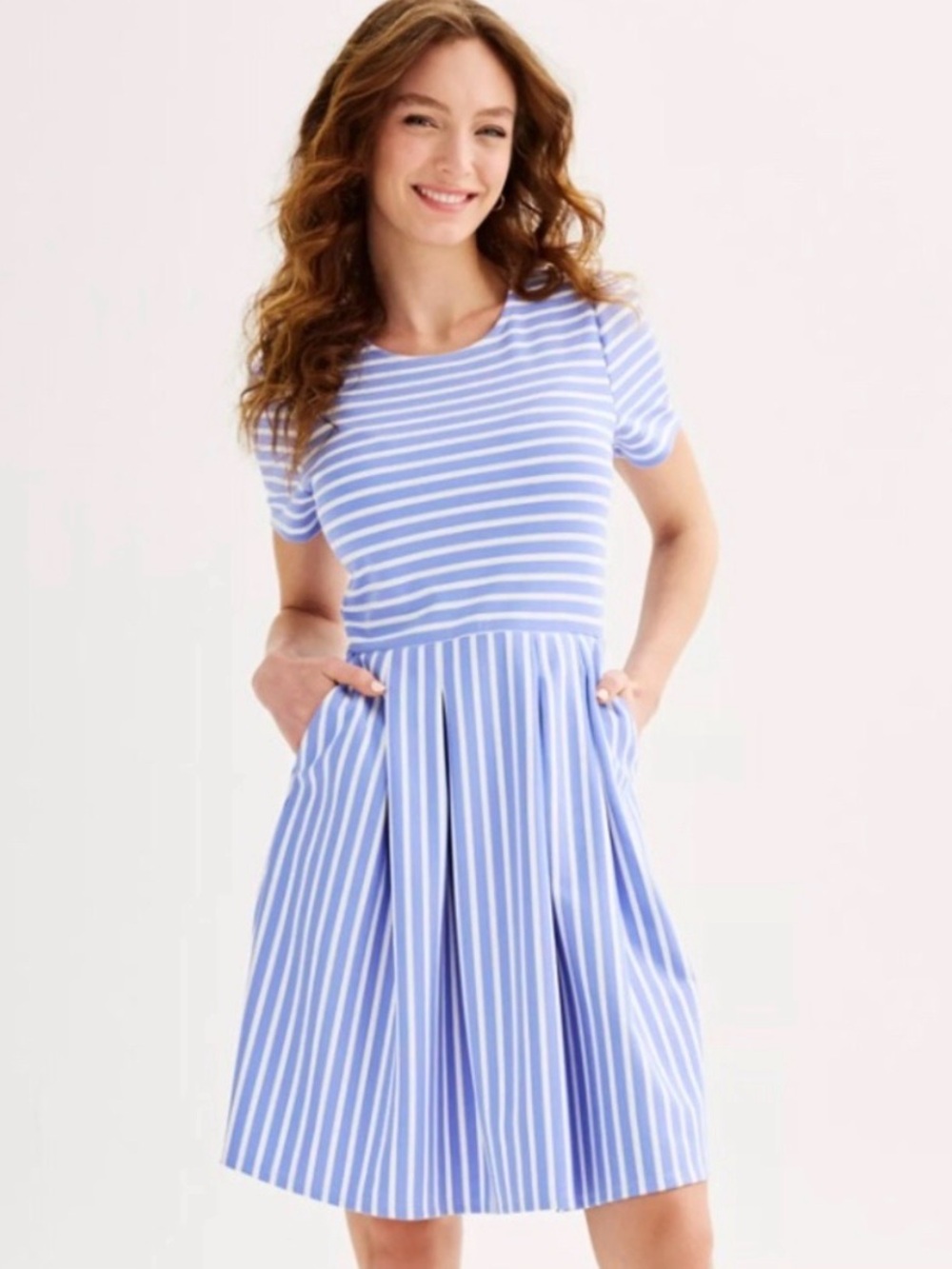 Draper James Blue and White Striped Short-Sleeve Pleated Mini Dress #1165